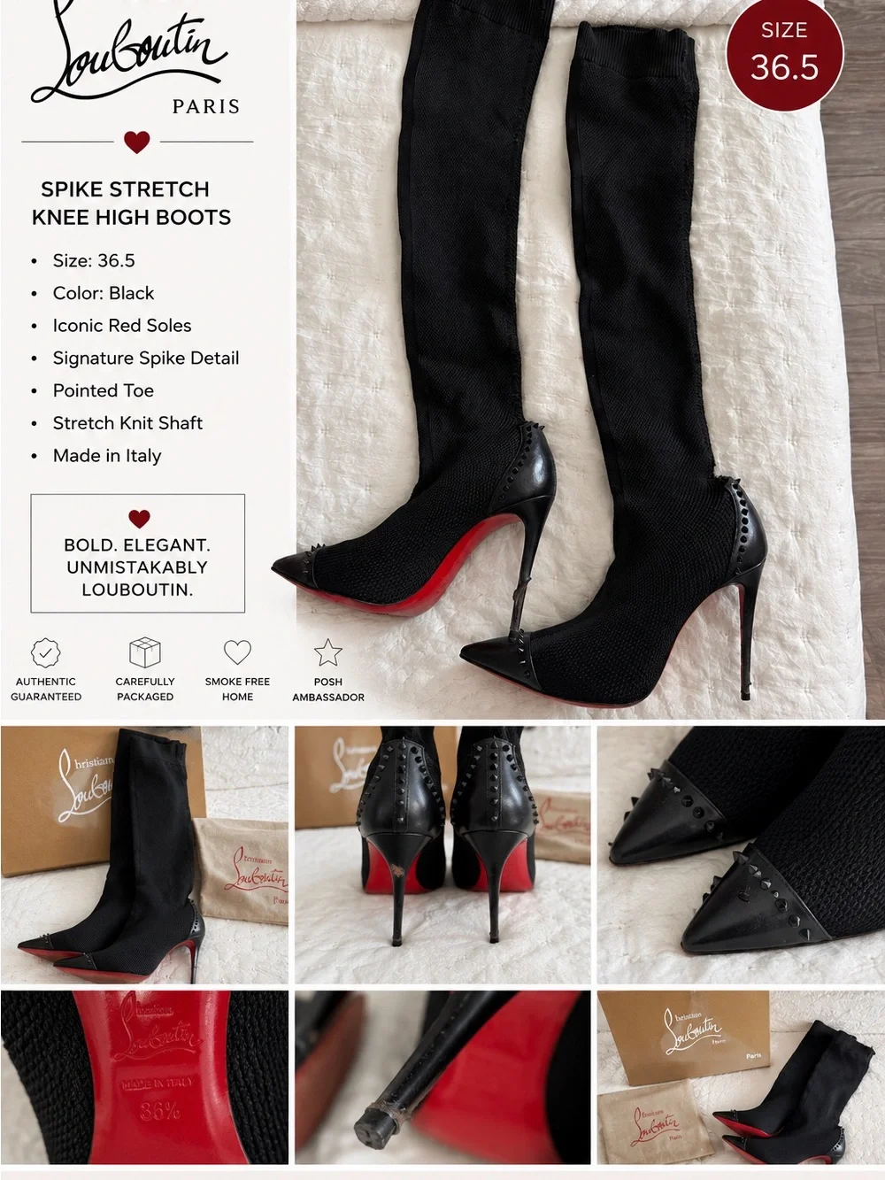 Christian Louboutin Black Stretch Spike Over-the-Knee Boots with Red Soles
